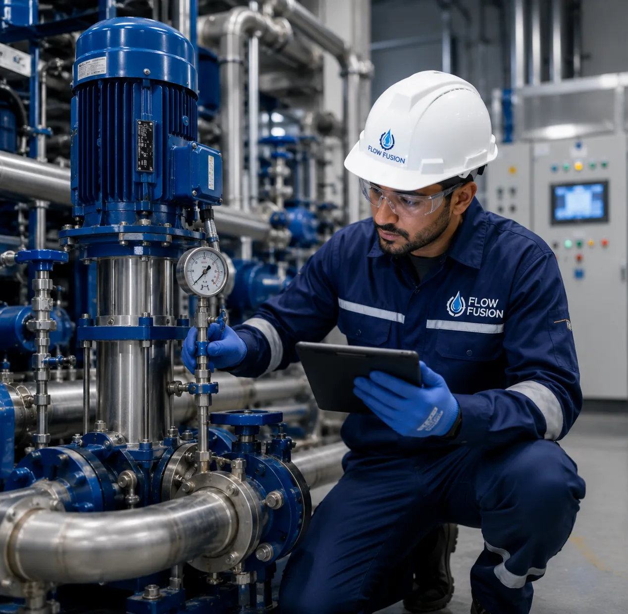Technician inspecting a pump system